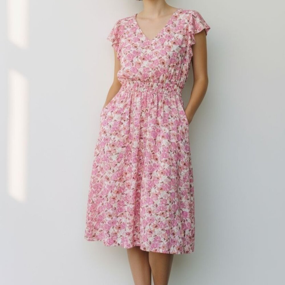 MSK Women's V-Neck Floral Dress 2X Pink & White Short-Sleeve‎ Empire Waist